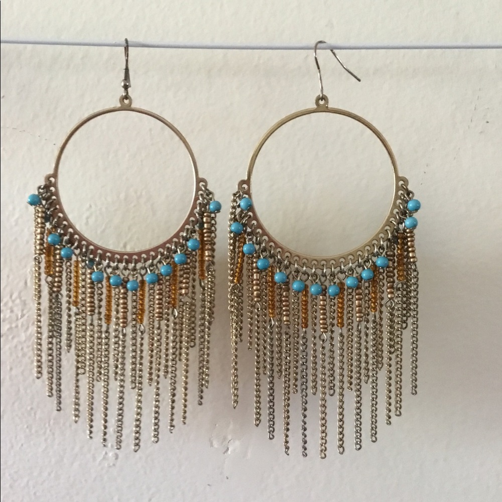 Large Hoop Dangle Earrings w/Blue Beads 2” in diameter